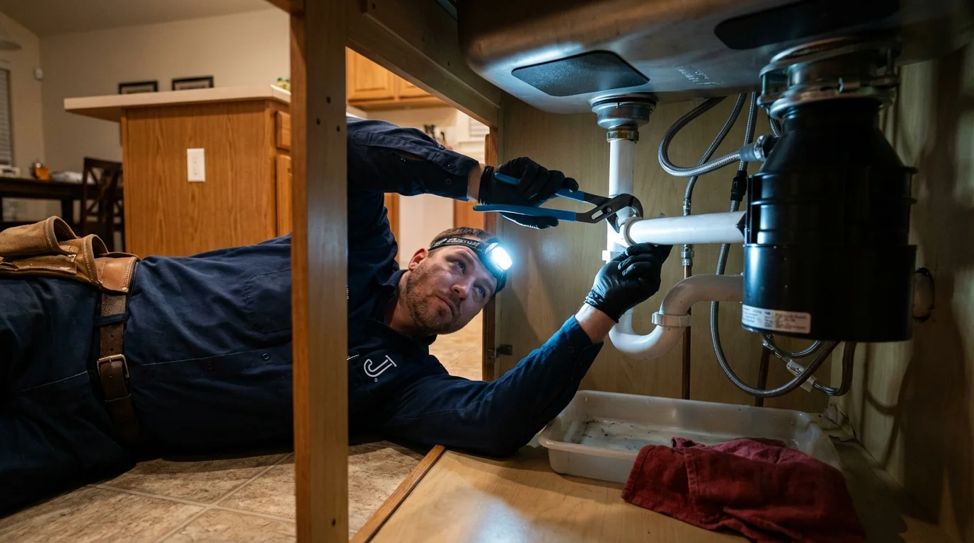 P-trap and supply line connections under a kitchen sink showing a common leak point in Albert Lea, MN
